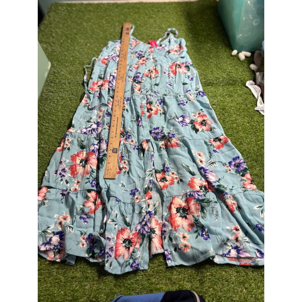 Heartloom Light Blue Floral Tiered Maxi Dress‎ Button Front Spaghetti Straps M
